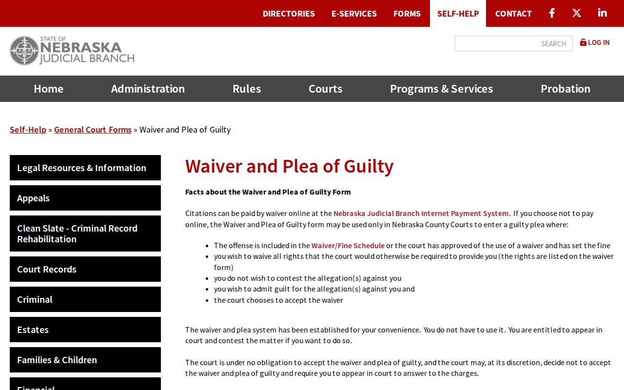 Nebraska waiver and plea instructions for a Saline County traffic case