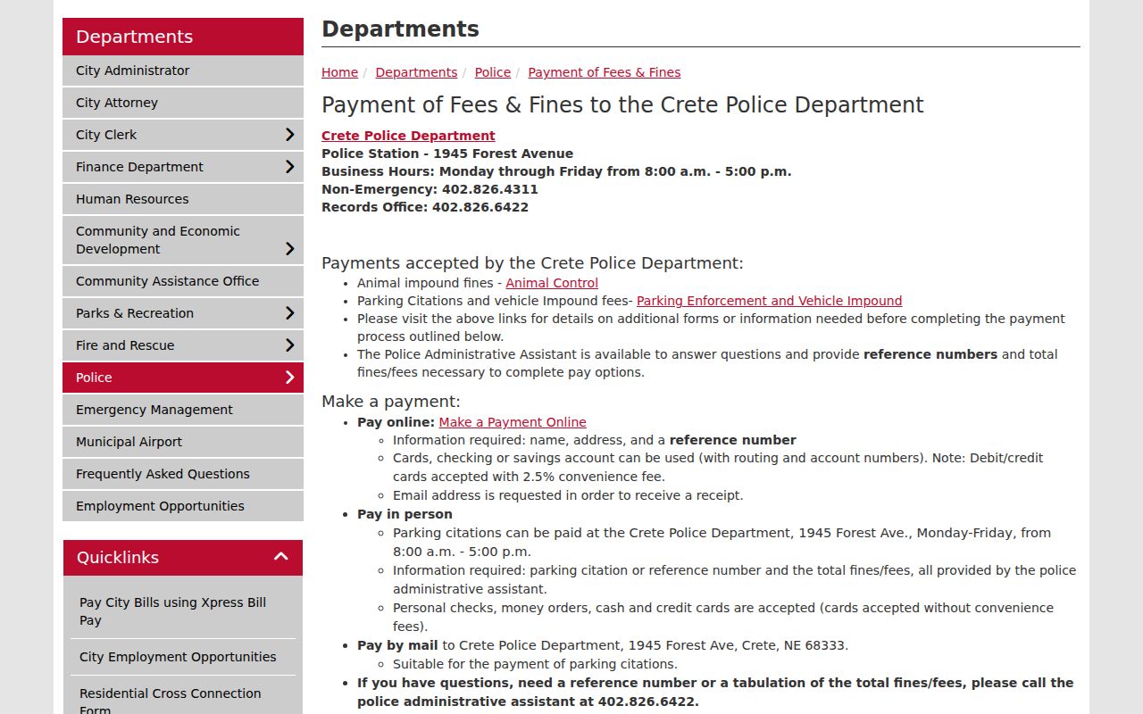 Crete Police payment interface for Saline County warrant routing
