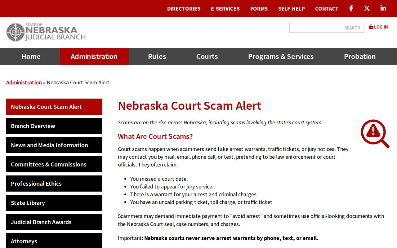 Nebraska court safe-verification notice for Saline County warrant contacts
