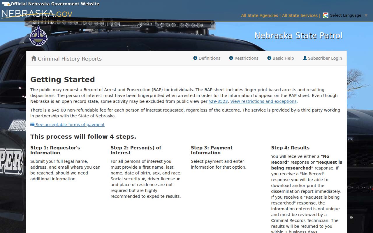 Nebraska State Patrol RAP request interface compared with Saline County warrant status