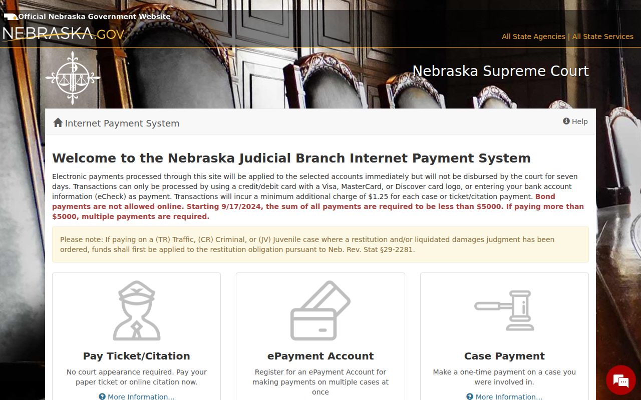Nebraska court payment and traffic case route for Saline County warrants